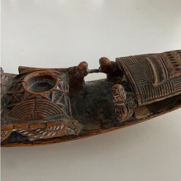 Pair of Antique Chinese Bamboo Hand Carved Fishing Boats/Incense Holders - Picture 10 of 13